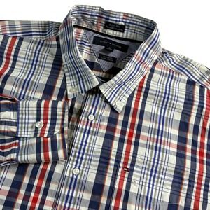 Tommy Hilfiger Blue Red Plaid Long Sleeve Dress Shirt Men's XL 17 1/2-18 Custom‎